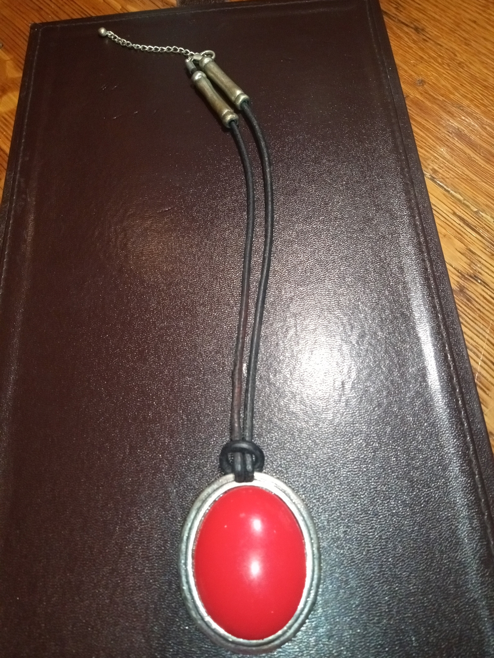 Leather Cord Necklace with Orange Oval Pendant - Unbranded